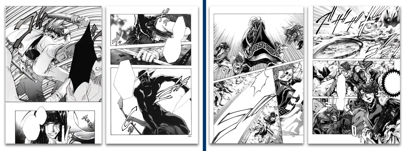 Confronto di pagine manga disegnate da Kazuya Minekura
